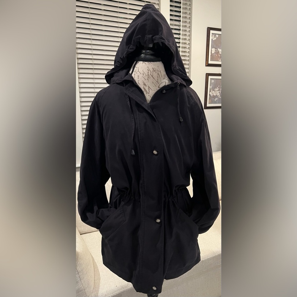 Vintage Utility Jacket Made in Egypt Black Hooded Pockets Cinched Waist Large